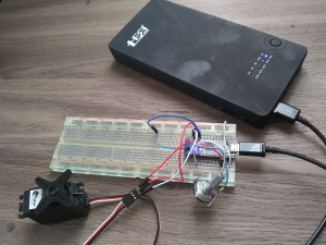 Photograph 2 of assembled circuit on breadboard with power bank
