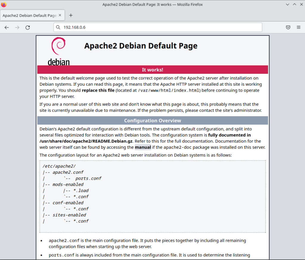 Apache2 default page in Firefox browser.