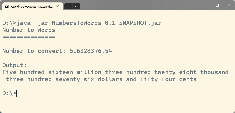 Number to Words Output on Windows console